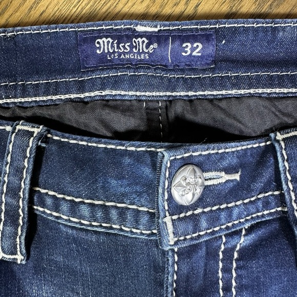 Miss Me Jeans Women 32 Blue Mid Rise Boot Bootcut Thick Stitch Embroidered Bling - Picture 3 of 8
